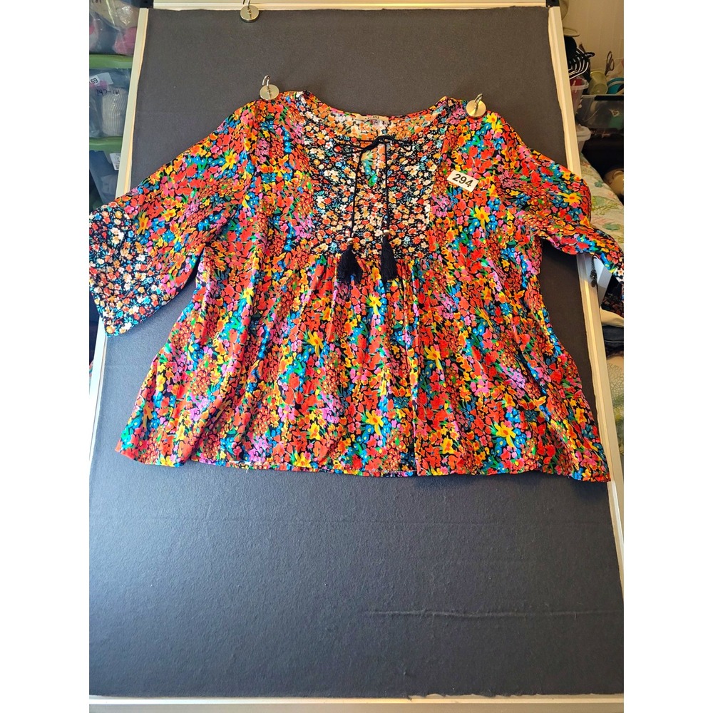 Vivilli Womens 2XL Multicolor Floral Peasant Blouse 3/4 Sleeve Tie Tassel